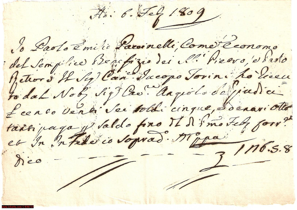 Manoscritto, lettera originale 1809 AREZZO Angiolo DE GIUDICI salda SS. PIETRO E PAOLO 1