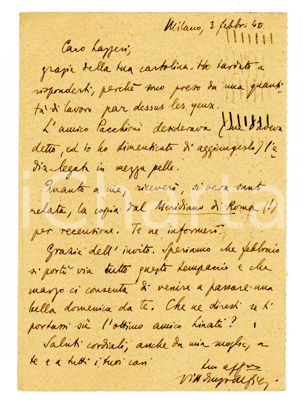 Autografo originale 1940 MILANO Vittorio Enzo ALFIERI riceve opera di LAZZERI *Autografo 1