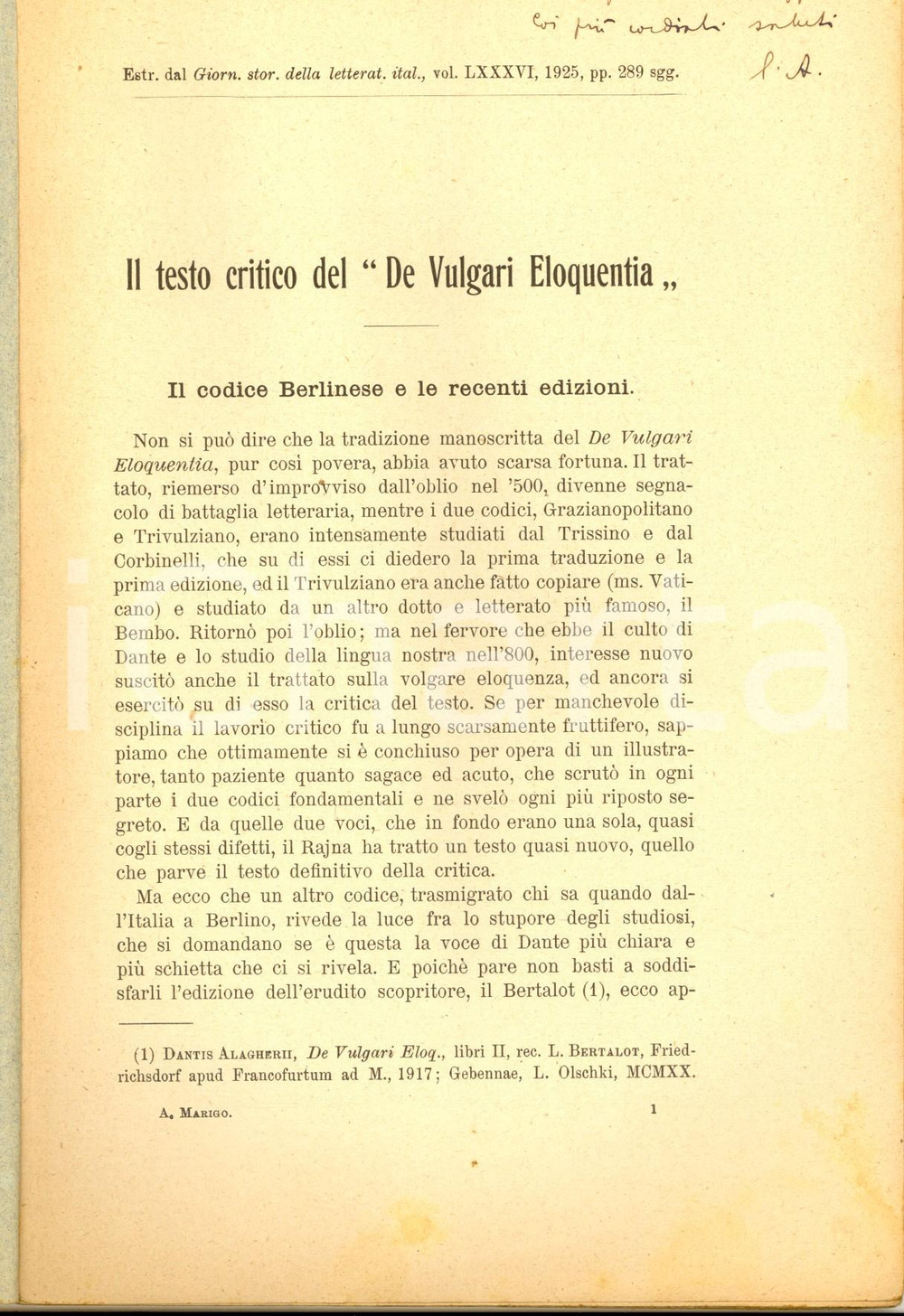 Libro, pubblicazione d epoca 1925 Aristide MARIGO Il testo critico del De vulgari eloquentia AUTOGRAFO 1