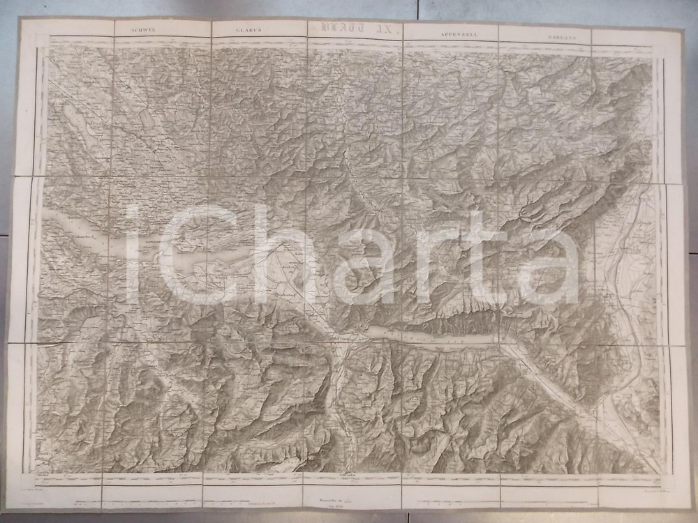 Mappa, planimetria storica 1874 DUFOUR Carte SUISSE SCHWYZ  SARGANS Mappa nÂ° 9 75x55 cm 1