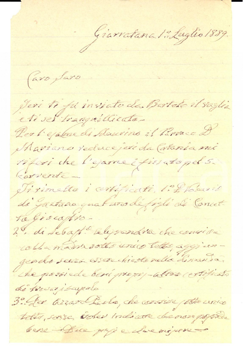 Manoscritto, lettera originale 1889 GIARRATANA RG Don Mauro IPPOLITO su una difficile causa in corso Lettera 1