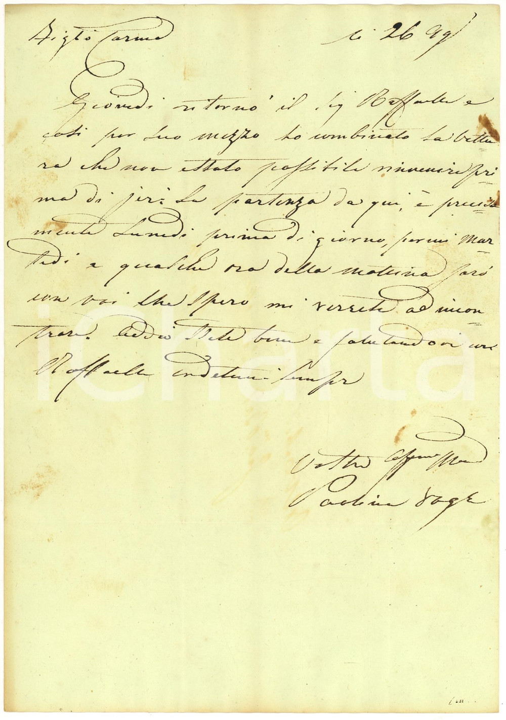 Manoscritto, lettera originale 1847 ROMA Paolina CAMBI VOGLIA combina vetture per un viaggio Lettera 1