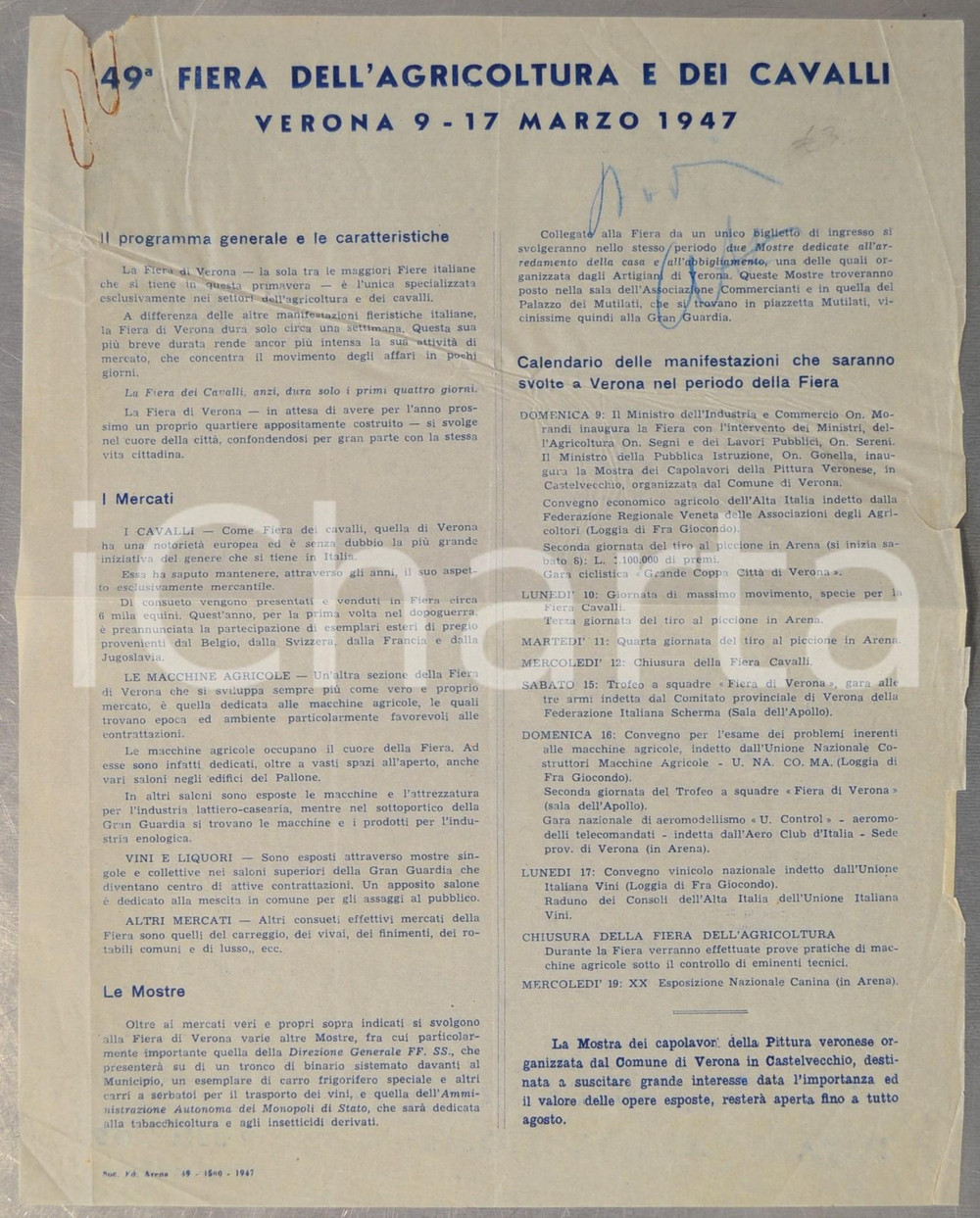 Materiale pubblicitario d’epoca 1947 VERONA 49Â° Fiera dell Agricoltura e dei Cavalli Volantino DANNEGGIATO 1