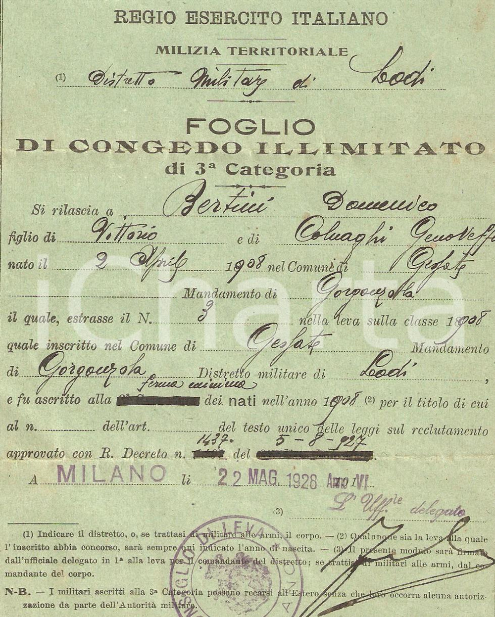 Documento originale, autentico 1933 GESSATE (MI) Congedo illimitato Domenico BERTINI 1