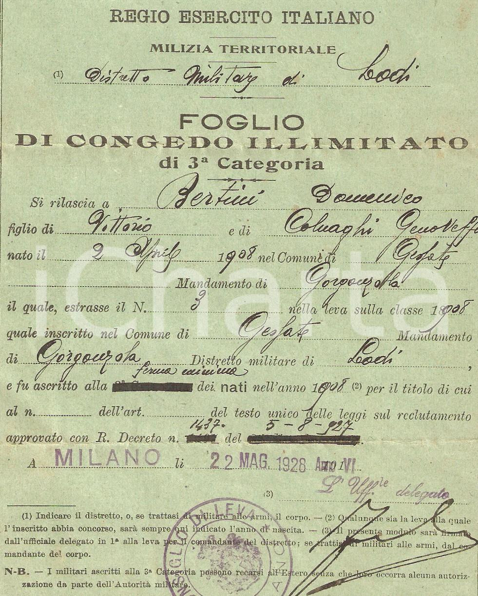 Documento originale, autentico 1933 GESSATE MI Congedo illimitato Domenico BERTINI 1