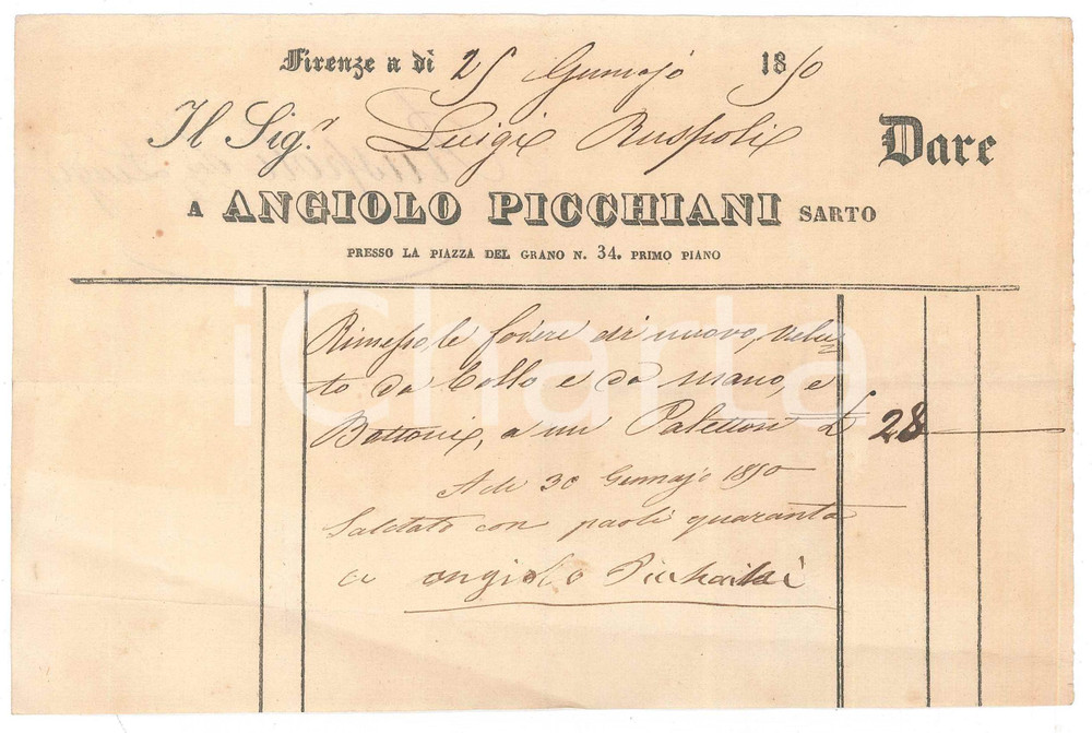 Documento originale, autentico 1850 FIRENZE Piazza del Grano 34  Angelo PICCHIANI Sarto  Ricevuta 1