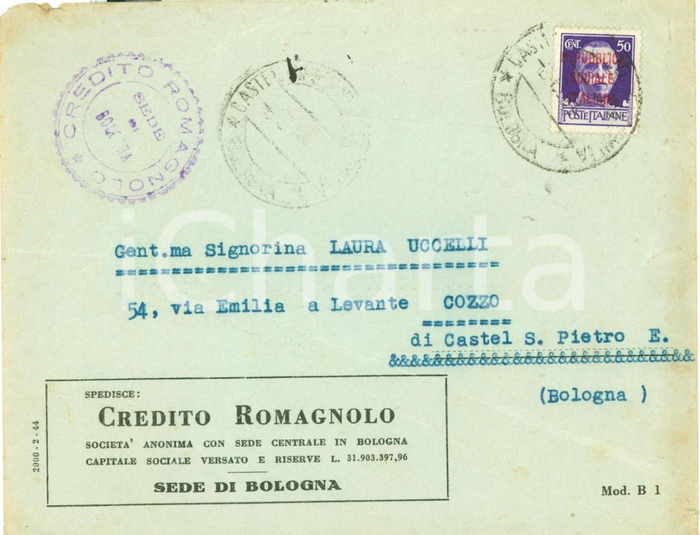 Manoscritto, lettera originale 1944 RSI BOLOGNA Credito Romagnolo Busta viaggiata bollo con SOVRASTAMPA RSI 1