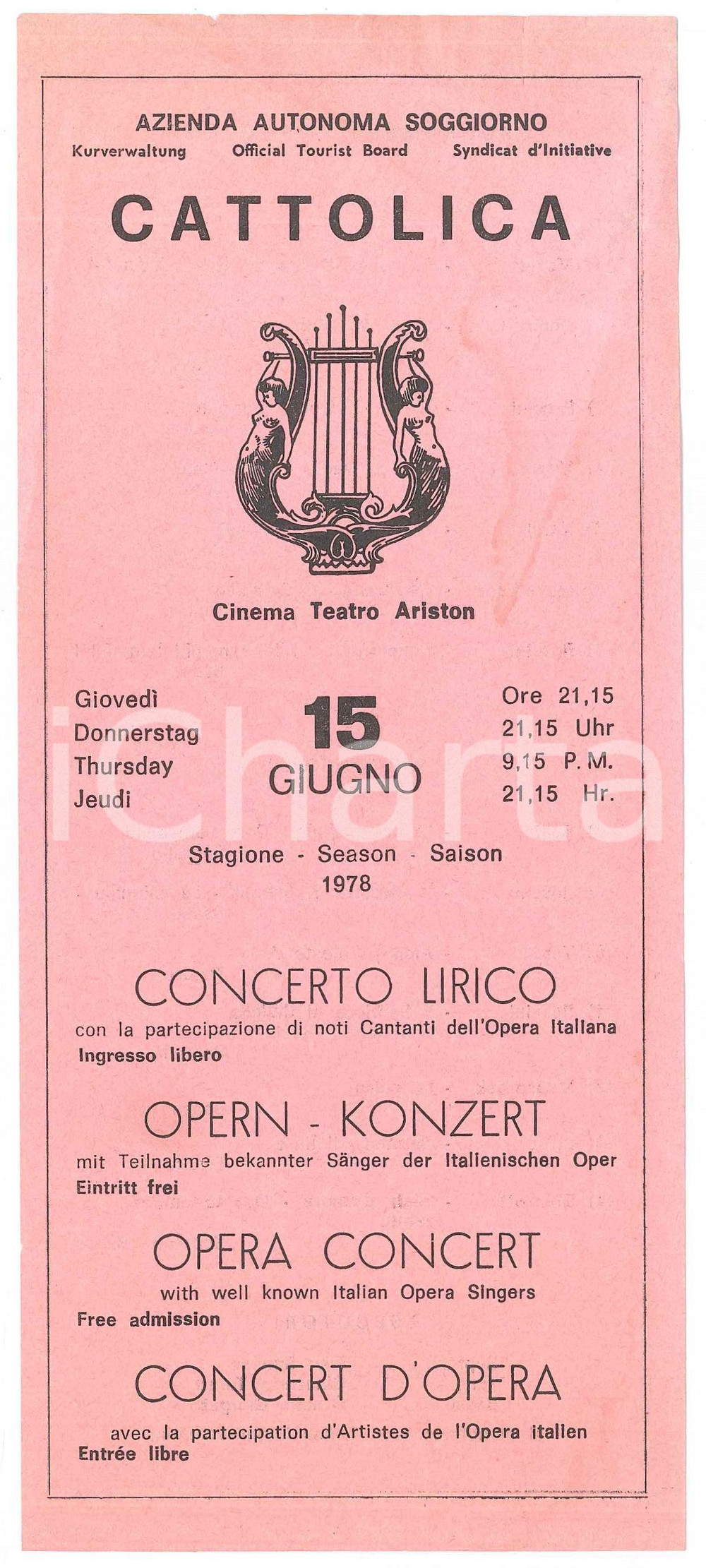 Oggetto da collezione cartaceo 1978 CATTOLICA Teatro Ariston  Concerto lirico con Ivan BENNET Volantino 2 1