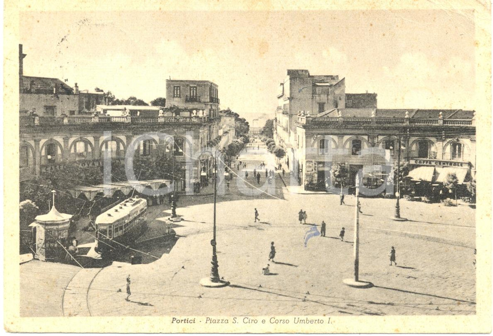 Cartolina originale da collezione 1952 PORTICI (NA) Tram in Piazza SAN CIRO e Corso UMBERTO I *ANIMATA FG VG 1