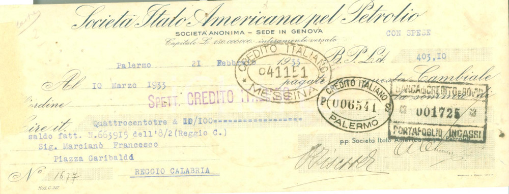 Documento originale, autentico 1933 GENOVA SocietÃ  Stato Americana pel Petrolio Cambiale intestata 1
