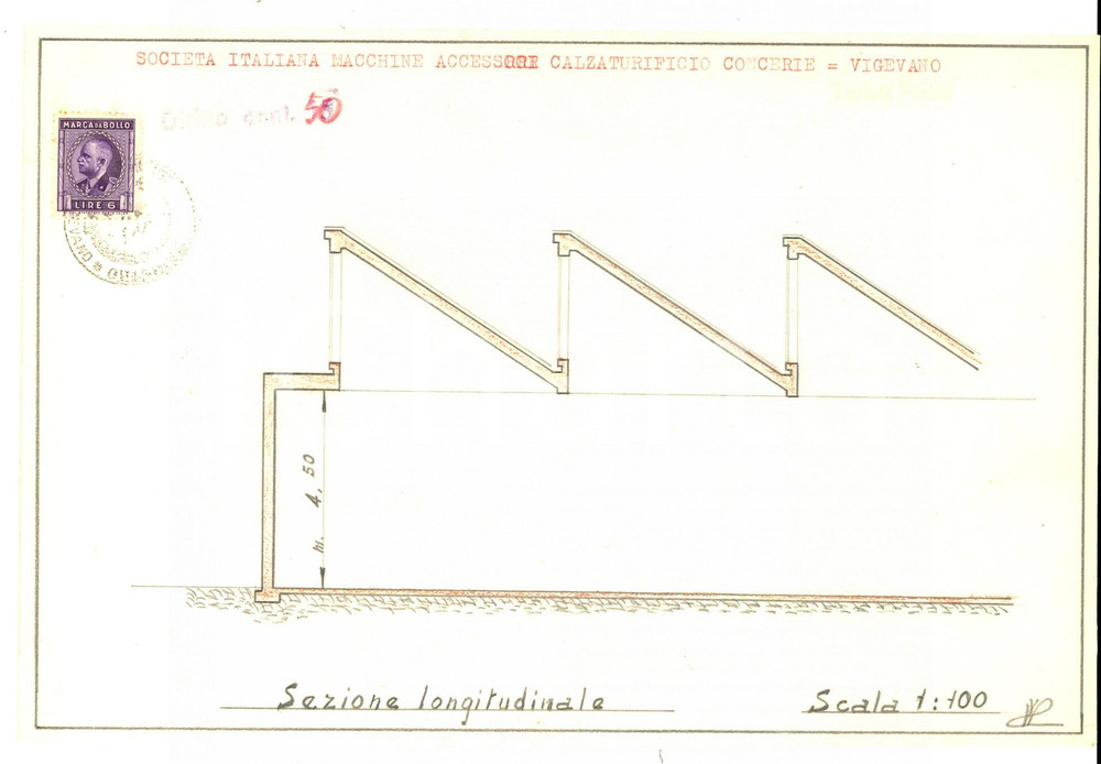 Mappa, planimetria storica 1940 ca VIGEVANO Stabilimento SocietÃ  Italiana Macchine Calzaturifici *Sezione 1