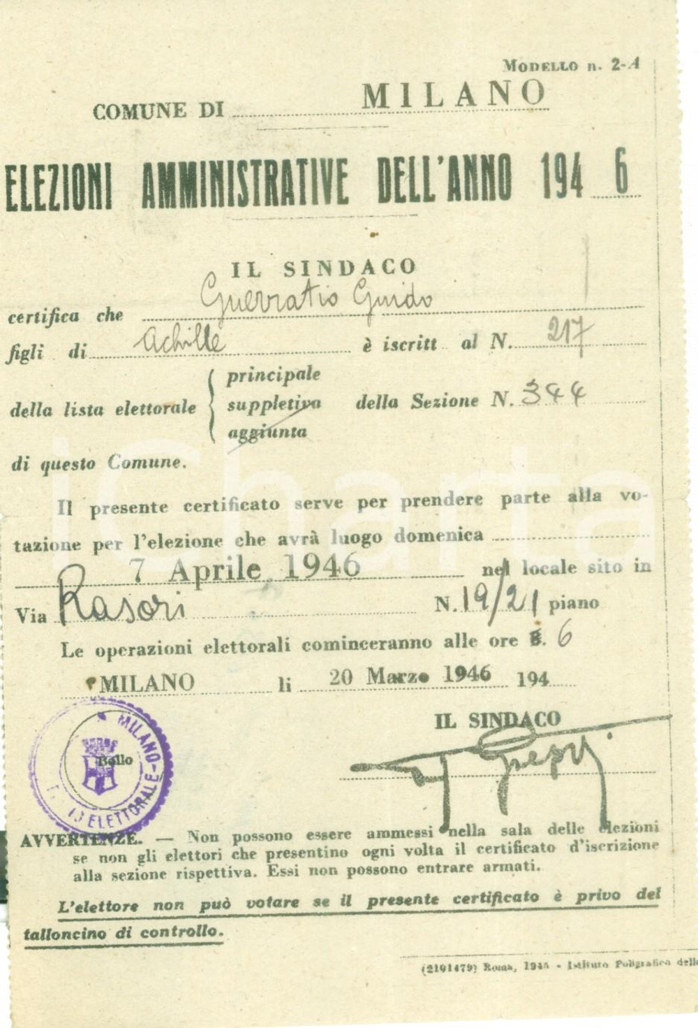 Documento originale, autentico 1946 MILANO Elezioni amministrative Certificato elettorale nominativo 1