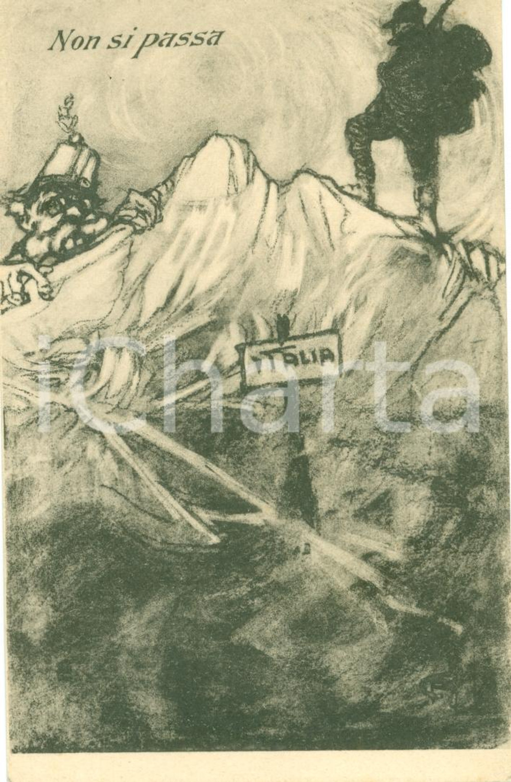 Cartolina originale da collezione 1915 ca WW1 ALPINI NON SI PASSA! confine AUSTRIA Satira Francesco Giuseppe FP 1