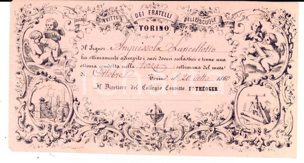 Documento originale, autentico 1860 TORINO SCUOLE CRISTIANE Nota di condotta Lancellotto ANGUISSOLA Biglietto 1