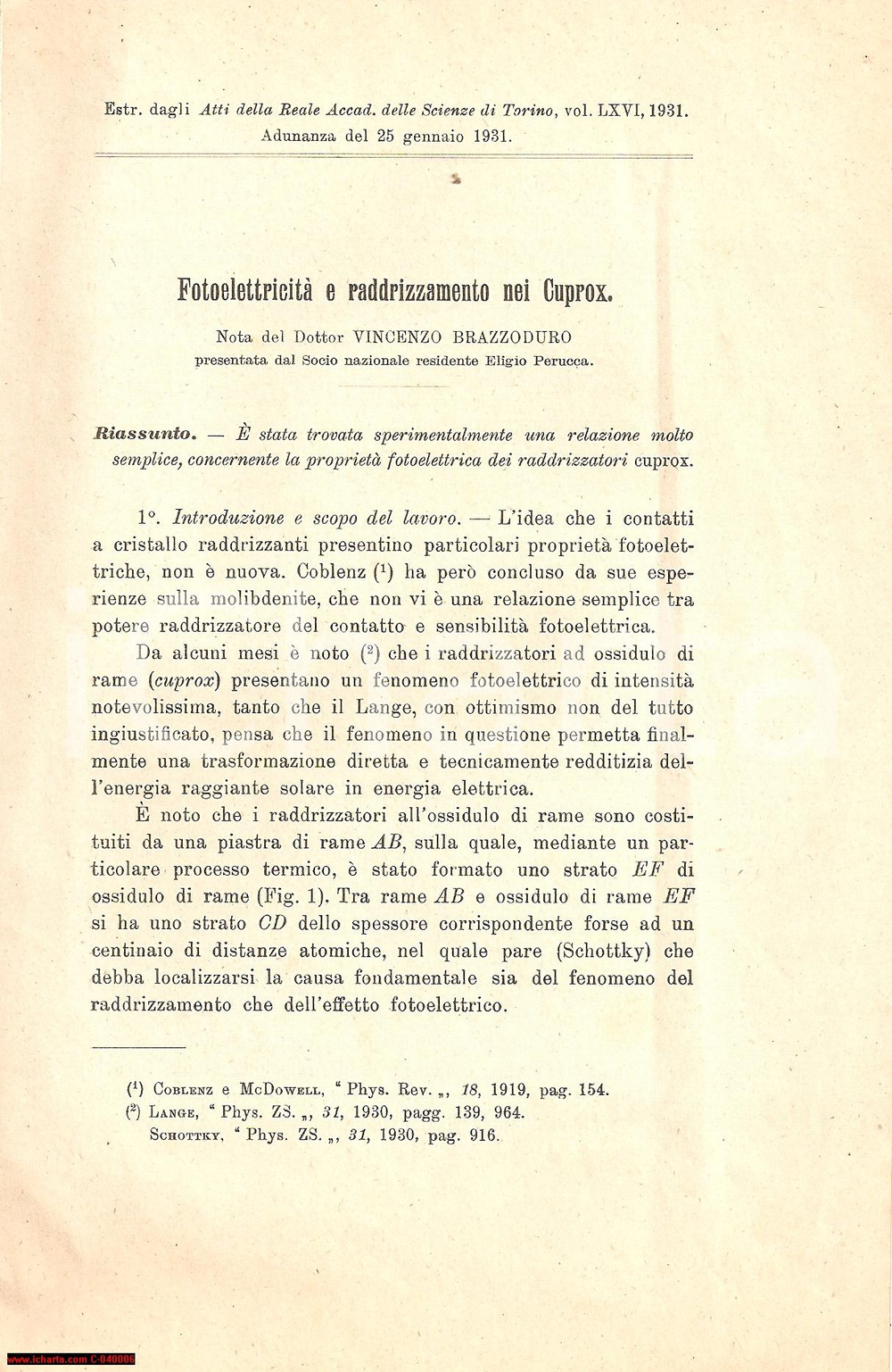 Libro, pubblicazione d epoca 1931 Vincenzo BRAZZODURO Fotoelettricità  nei Cuprox Opuscolo 1