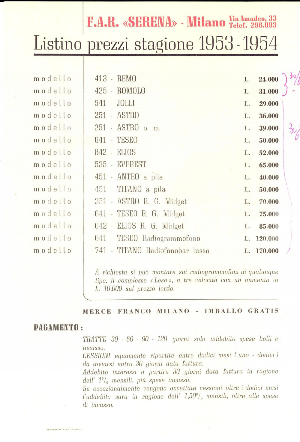 Materiale pubblicitario d’epoca 1953 MILANO Via Amadeo 33 Fabbrica Apparecchi Radiofonici SERENA Listino 1 1