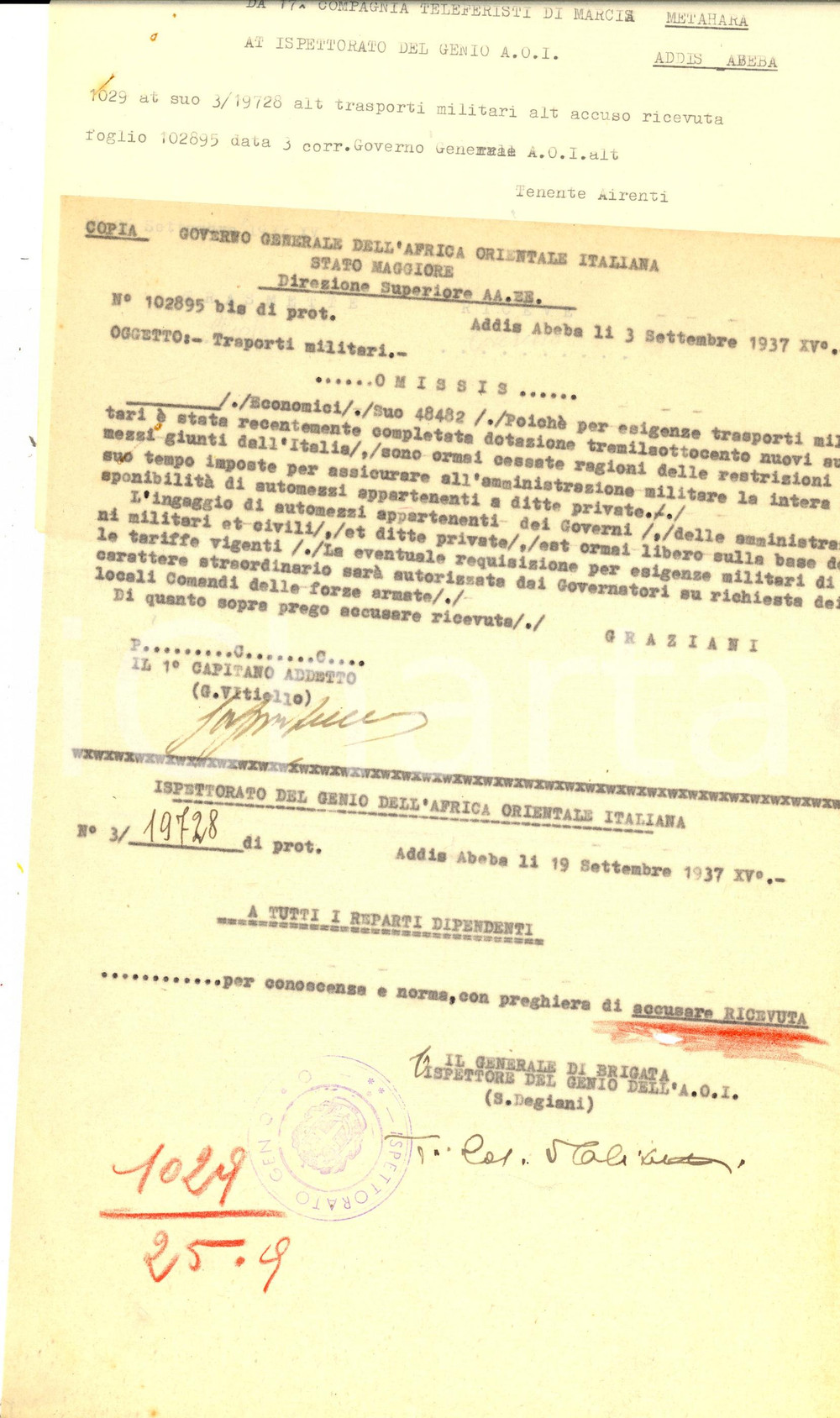 Documento originale, autentico 1937 AOI ADDIS ABEBA LibertÃ  di ingaggio automezzi per trasporti militari 1