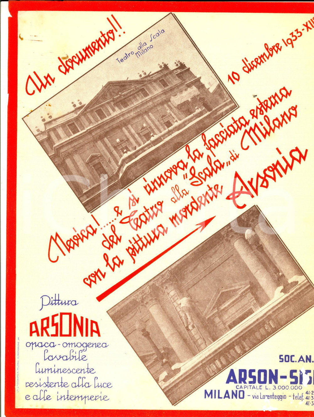 Materiale pubblicitario d’epoca 1933 MILANO Ditta ARSONSISI Pittura ARSONIA Teatro alla Scala Volantino 1