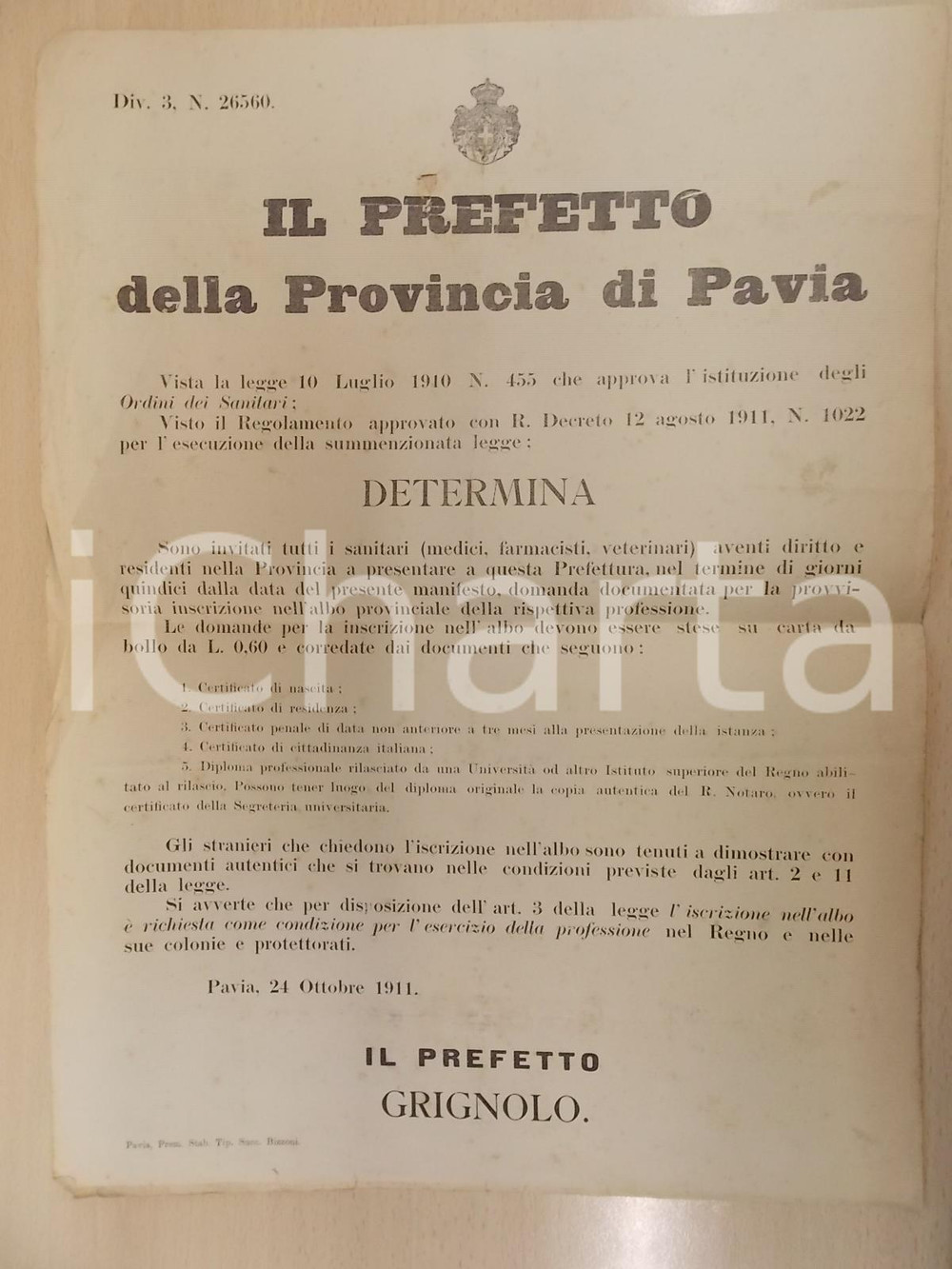Documento originale, autentico 1911 PAVIA Iscrizione all albo per medici, farmacisti e veterinari Manifesto 1