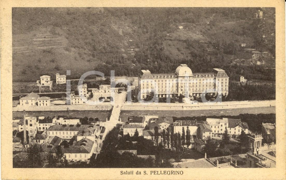 Cartolina originale da collezione 1928 SAN PELLEGRINO TERME (BG) Veduta del grand hotel con il fiume BREMBO *FP VG 1