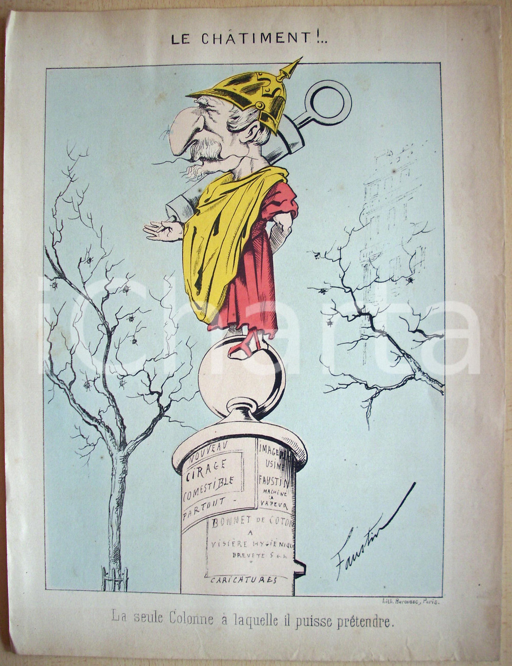 Stampa, bozzetto originale 1871 Caricatura LE CHATIMENT Illustr. Faustin BETBEDER 1