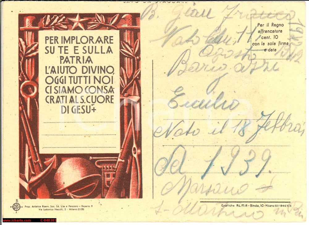 Oggetto da collezione cartaceo 1940 MILANO Consacrazione al Sacro Cuore pro soldati 1