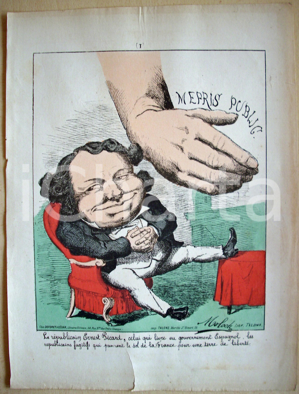 Stampa, bozzetto originale 1871 Caricatura RÃ©publicain ERNEST PICARD Hector MOLOCH 1