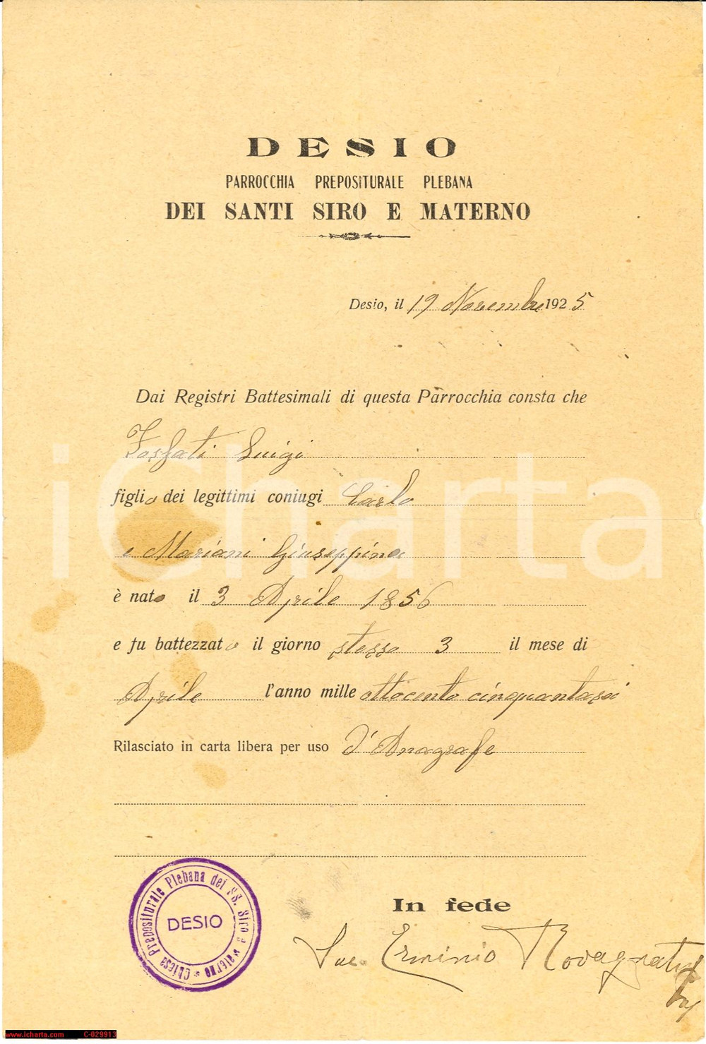 Autografo originale 1925 DESIO Certificato Battesimo SS. SIRO E MATERNO Don ERMINIO ROVAGNATI 1