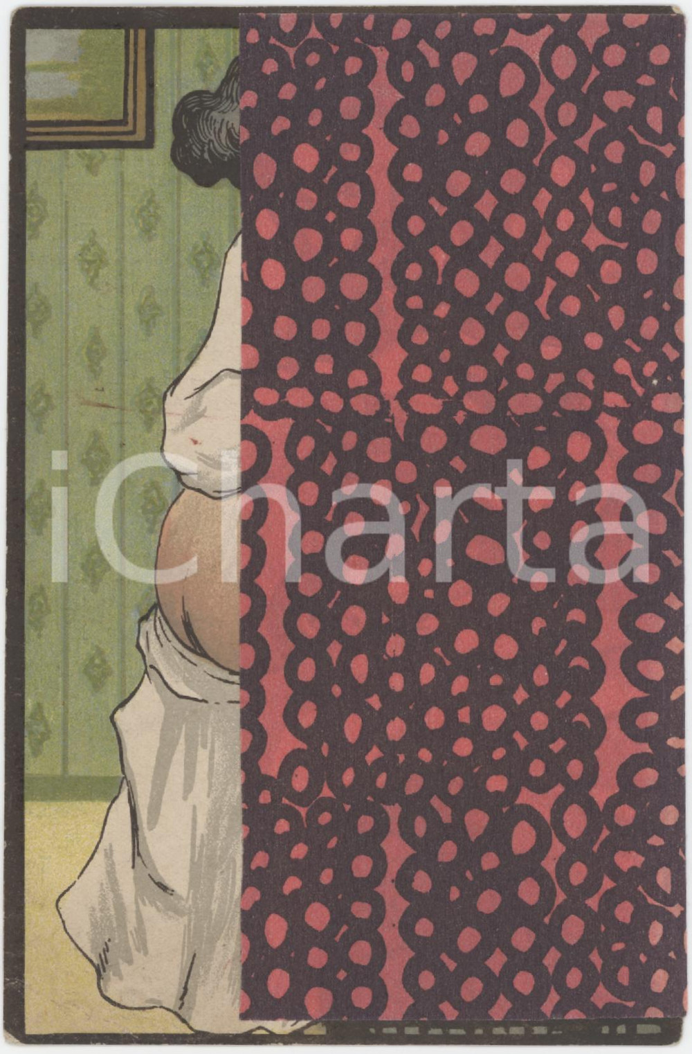 1910 ca FRANCE Femme nue assise - Barbier - Carte postale  Cartolina postale d'epoca, non viaggiata, con tendina di carta sotto la quale si cela l'immagine di un barbiere al lavoro. GOOD/buono  Formato: 9x14 cm originale e autentica 1
