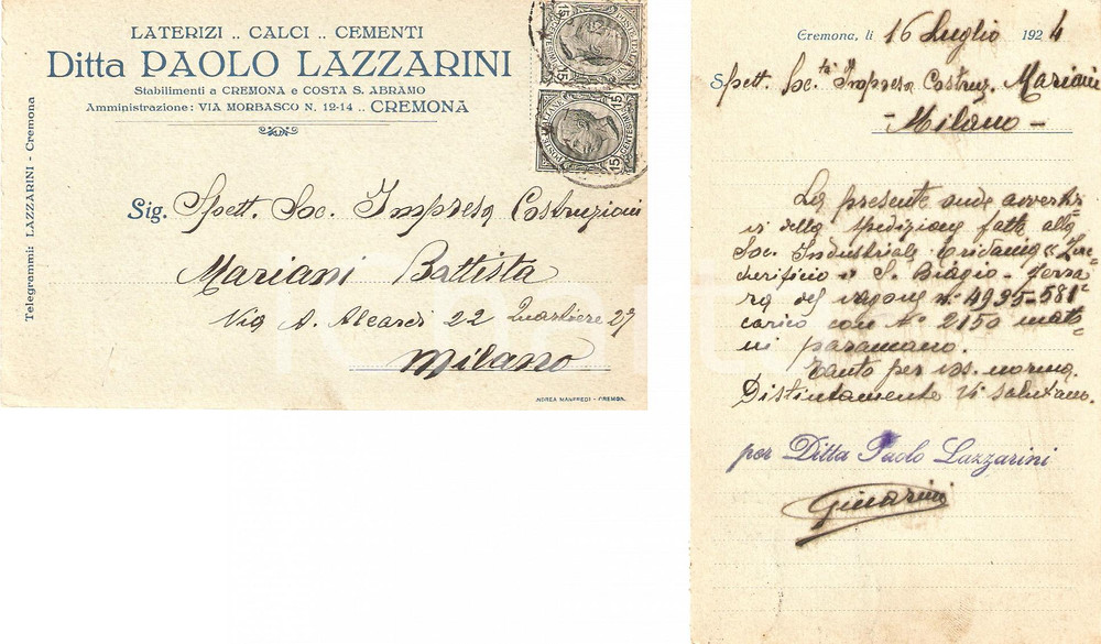 Cartolina originale da collezione 1924 CREMONA Laterizi calci cementi Paolo LAZZARINI Mattoni per ERIDANIA 1