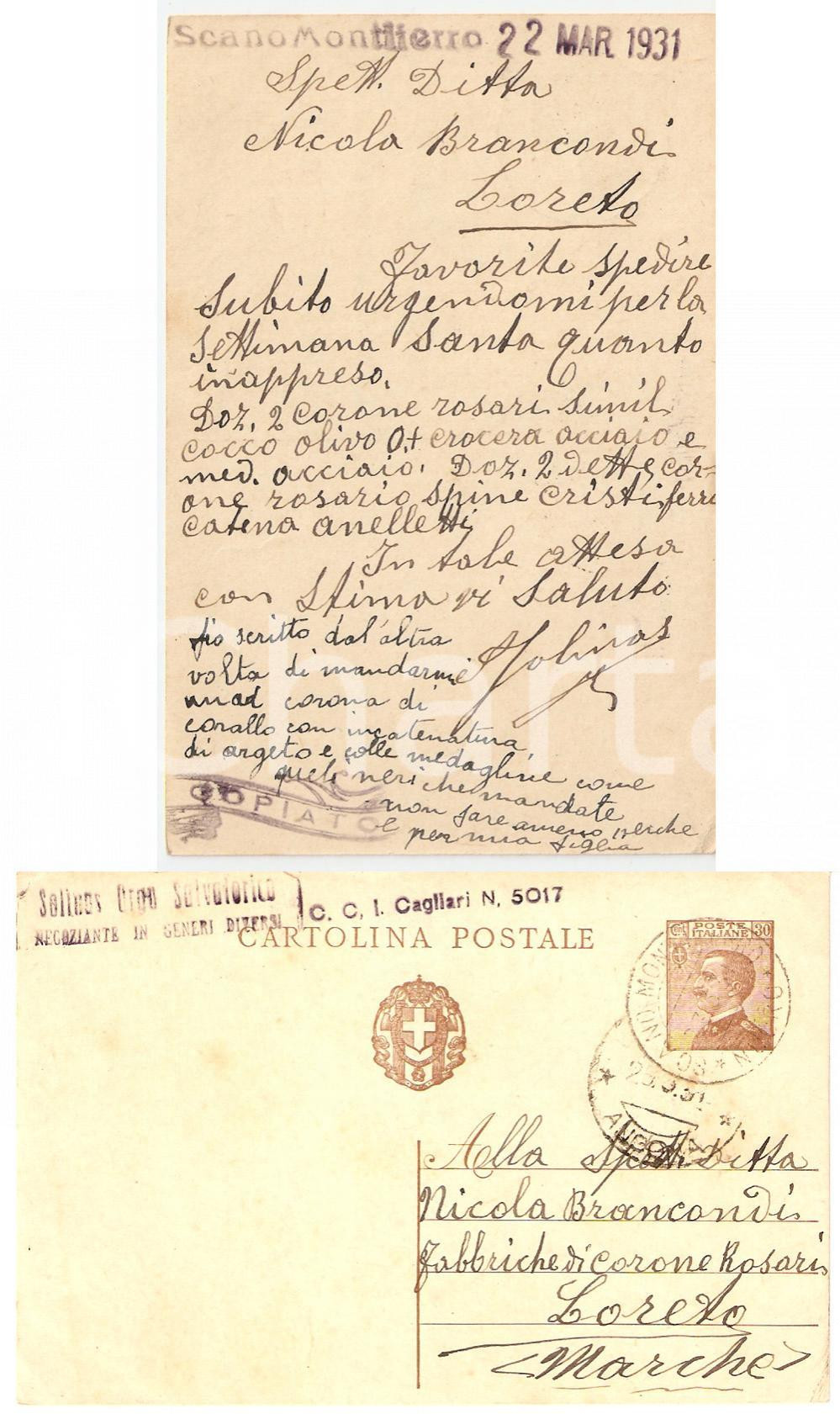 Documento originale, autentico 1931 SCANO MONTIFERRO (OR) Salvatorico SOLINAS compra rosari Settimana Santa 1