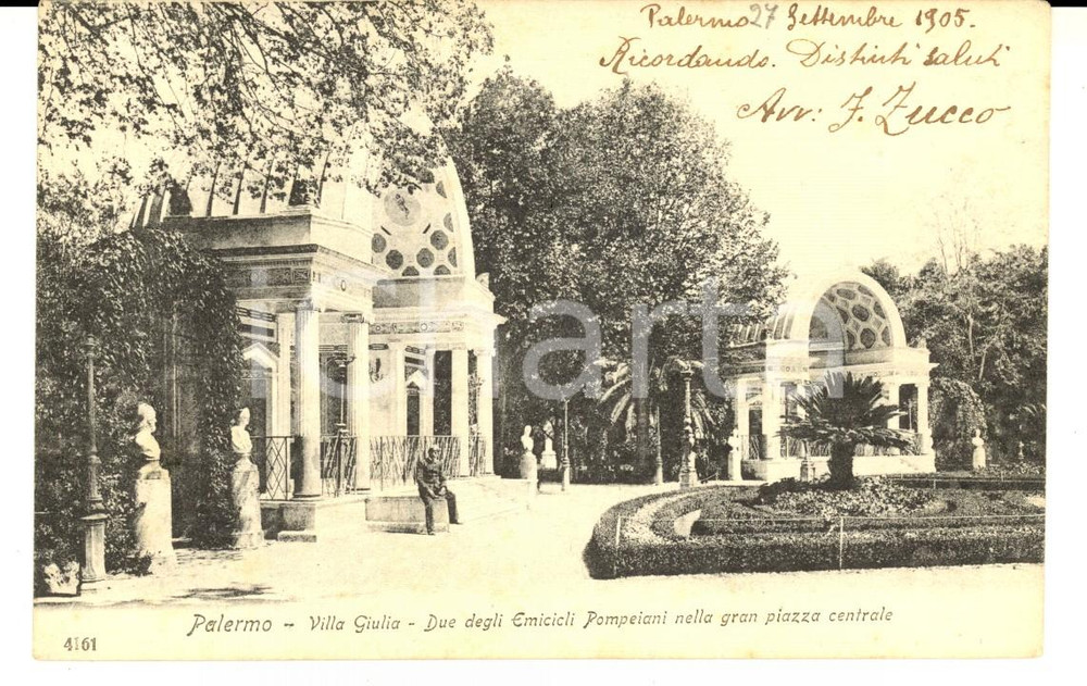 Autografo originale 1905 PALERMO Villa Giulia Avv. F. ZUCCO a Giovanni Antonio NASI Cartolina 1