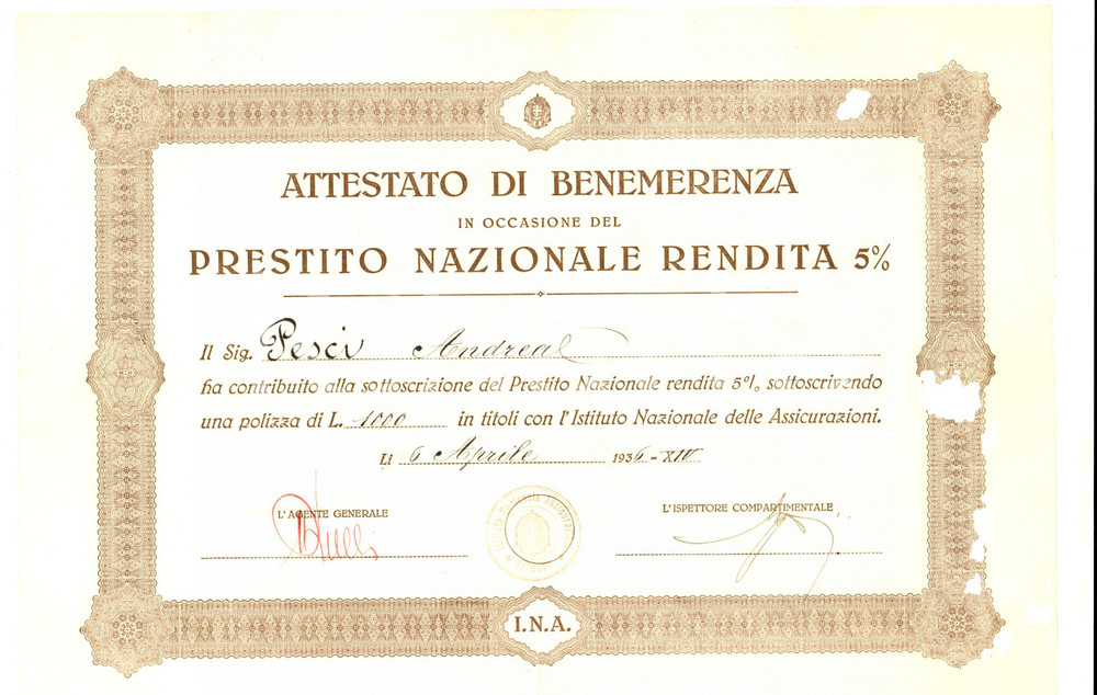 Documento originale, autentico 1936 VITERBO Prestito Nazionale  Attestato benemerenza Andrea PESCI DANNEGGIATO 1