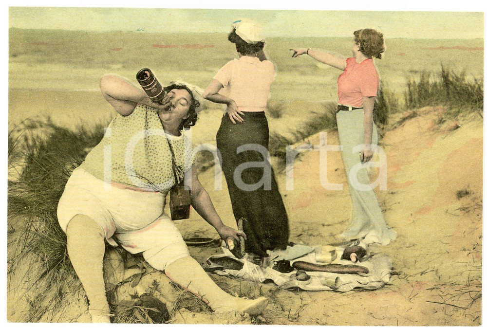 1950ca FRANCE - HUMOUR Fat woman drinking wine during the picnic - Postcard FP  Cartolina postale d'epoca, non viaggiata.CONDIZIONI: FAIRFORMATO: FP    originale e autentica 1