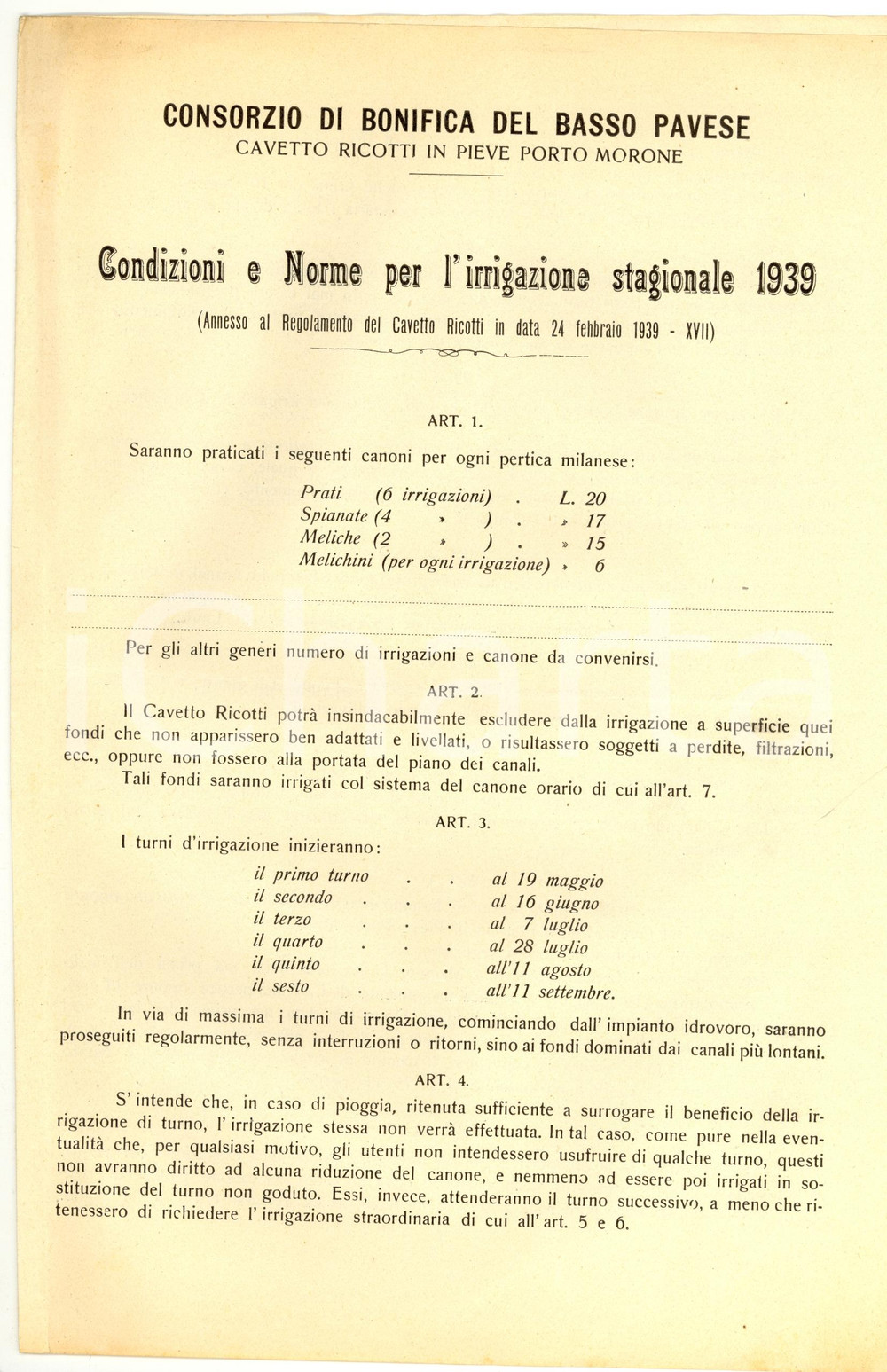 Documento originale, autentico 1939 PIEVE PORTO MORONE (PV) Irrigazione Cavo RICOTTI - Regolamento 1