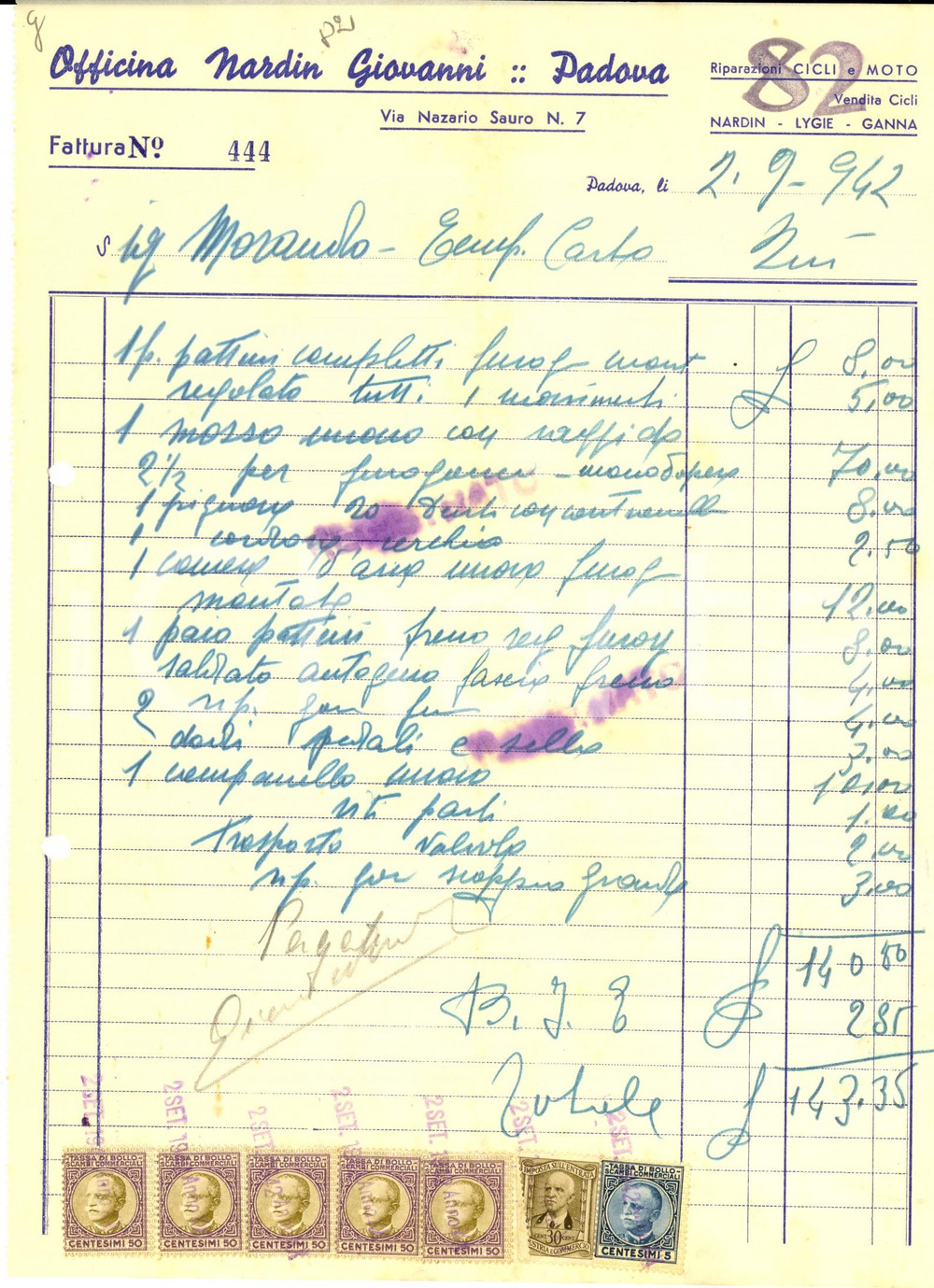 Documento originale, autentico 1942 PADOVA Officina Giovanni NARDIN *Fattura intestata con bolli 1