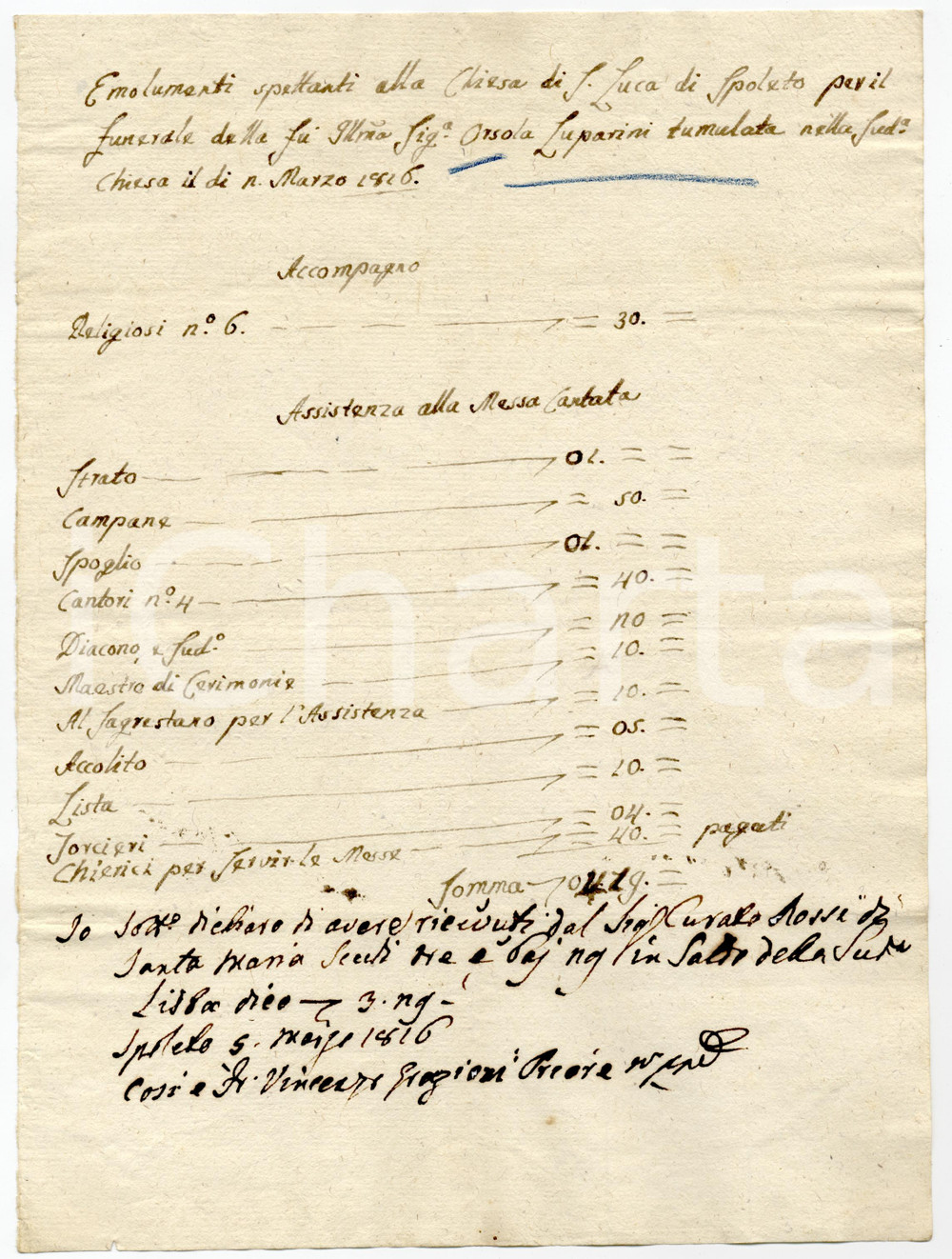Documento originale, autentico 1816 SPOLETO (PG) Conto chiesa SAN LUCA per funerale nobile Orsola LUPARINI 1