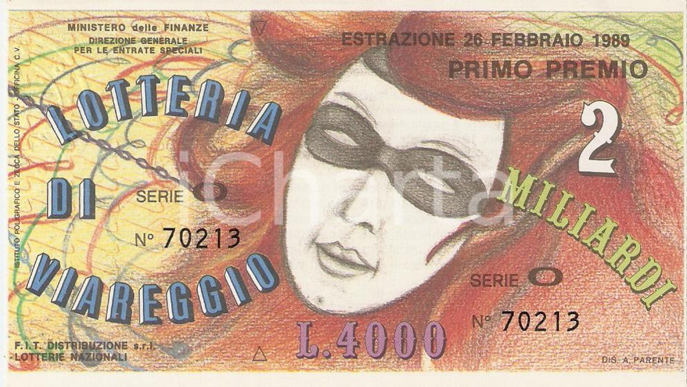 Oggetto da collezione cartaceo 1989 LOTTERIA DI VIAREGGIO Biglietto Serie O *12 x 7 cm 1
