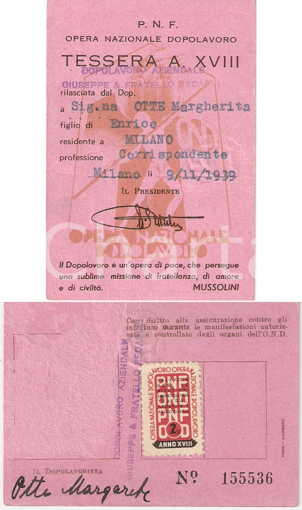 Documento originale, autentico 1939 MILANO Dopolavoro aziendale Giuseppe REDAELLI Tessera Margherita OTTE 1
