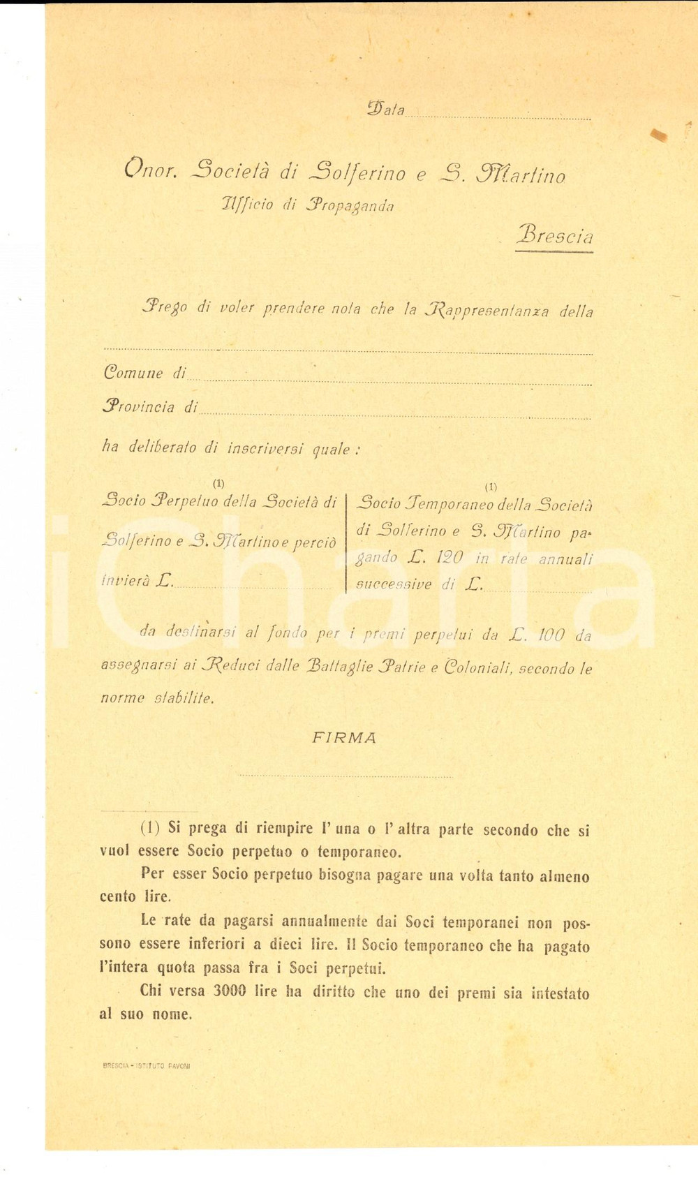 Documento originale, autentico 1910 ca BRESCIA SOCIETA' SOLFERINO S. MARTINO Modulo per iscrizione 1