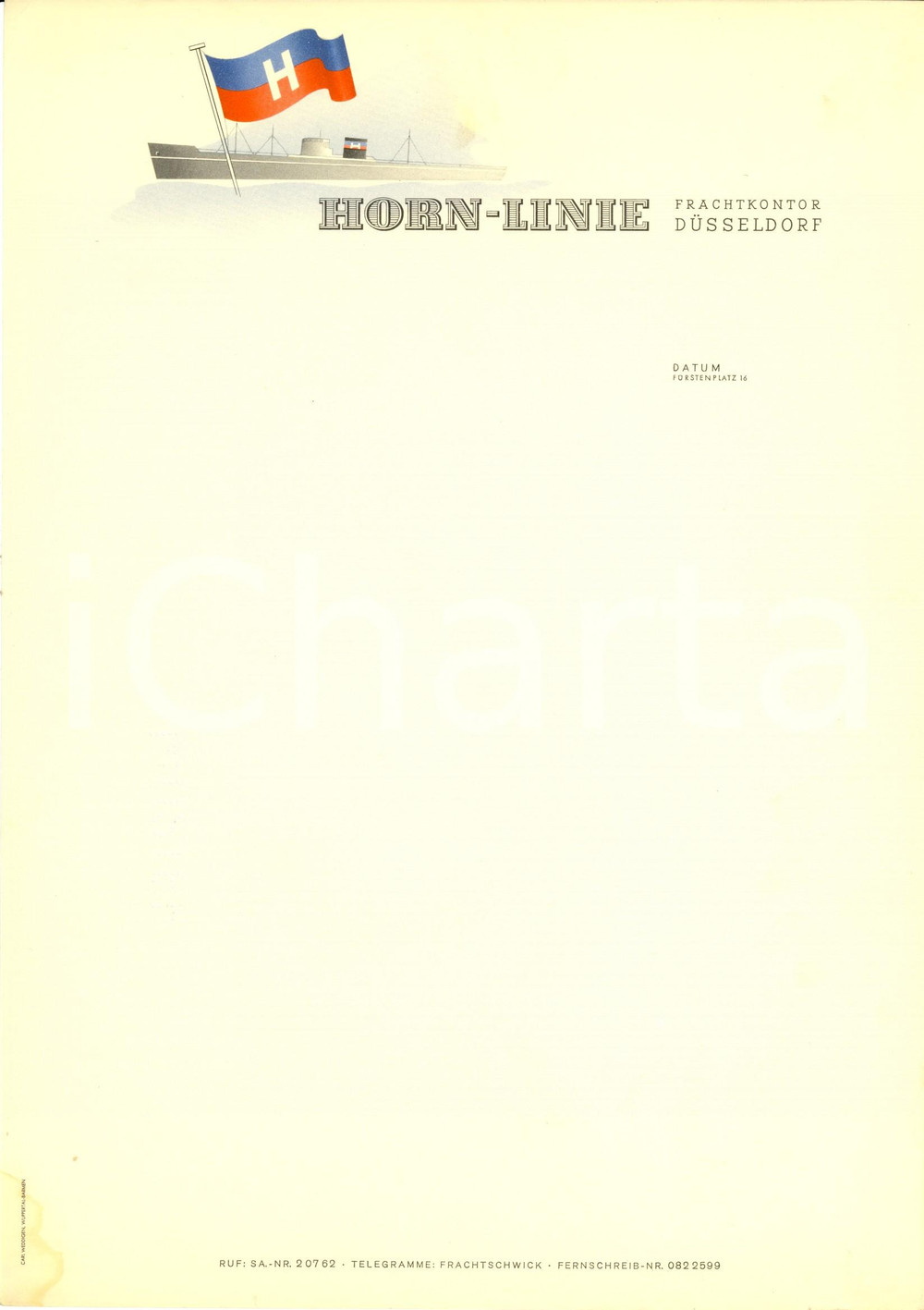 Materiale pubblicitario d’epoca 1950 ca DUSSELDORF D HORNLINIE farchtkontor Carta intestata ILLUSTRATA 1