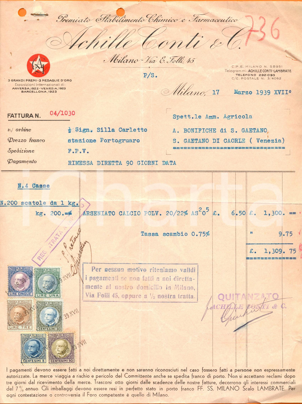 Documento originale, autentico 1939 MILANO Achille CONTI stabilimento chimico farmaceutico  Fattura commerciale 1