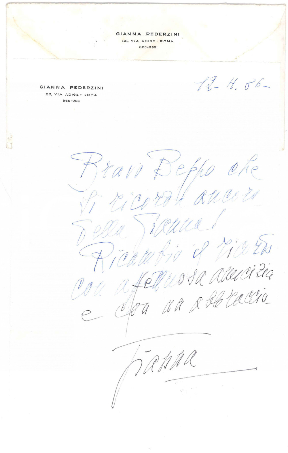 Autografo originale 1986 ROMA Gianna PEDERZINI  Lettera a un amico  Autografo 1