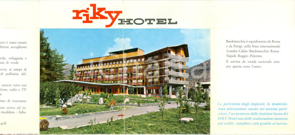 Materiale pubblicitario d’epoca 1960 ca BARDONECCHIA TO Pieghevole pubblicitario RIKY Hotel ILLUSTRATO 1