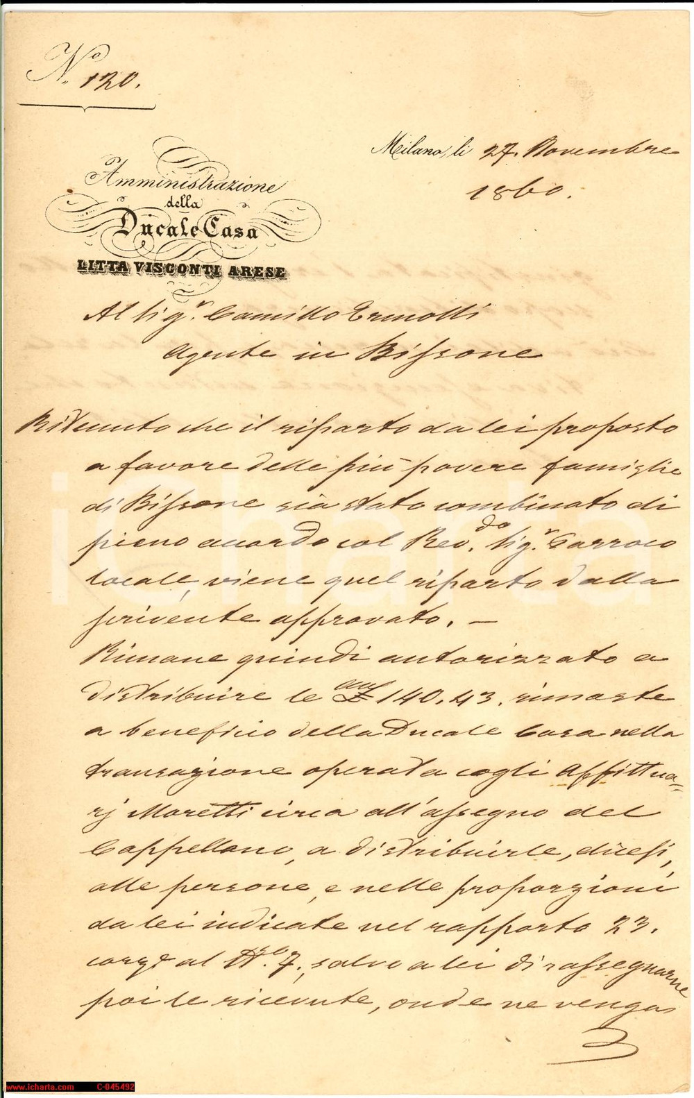 Manoscritto, lettera originale 1860 BISSONE (PV) duchi LITTA beneficenza ai poveri 1