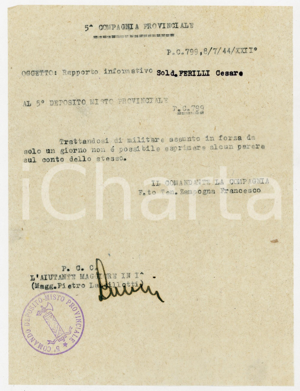 Documento originale, autentico 1944 NOVARA RSI Soldato Cesare FERILLI in forza da un solo giorno Documento 1