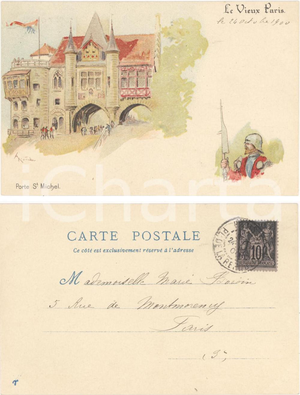 Cartolina originale da collezione 1900 PARIGI Le VIEUX PARIS Porte S.MICHEL FP VG animata 1