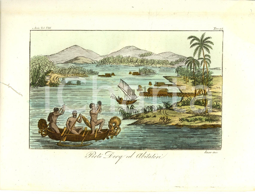 Stampa, bozzetto originale 1823 OCEANIA Porto DORY ed abitatori Incisione SASSO 1