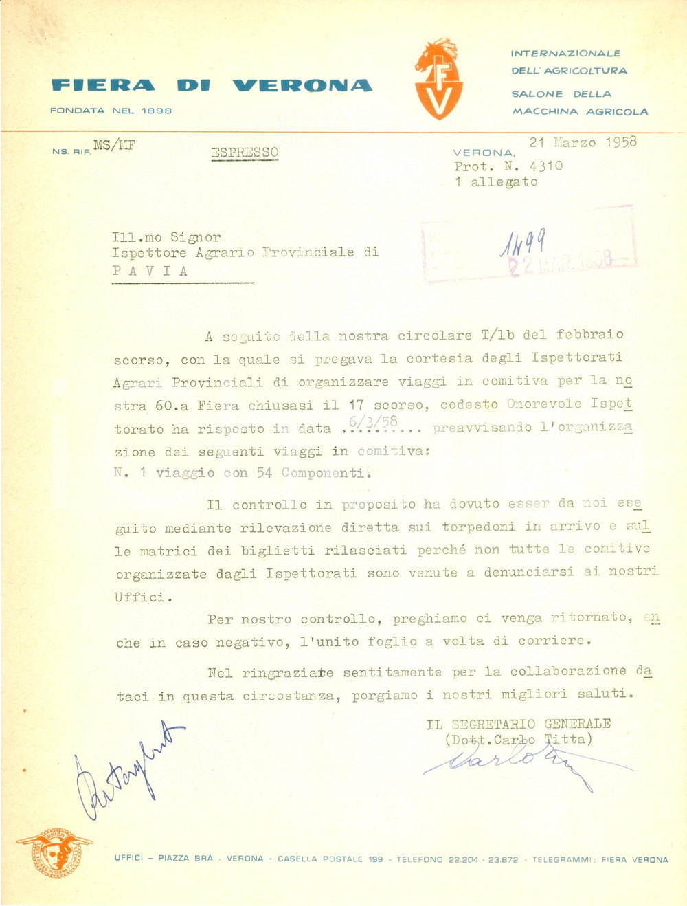 Documento originale, autentico 1958 VERONA Fiera Internazionale Agricoltura Macchina agricola *Lettera 1