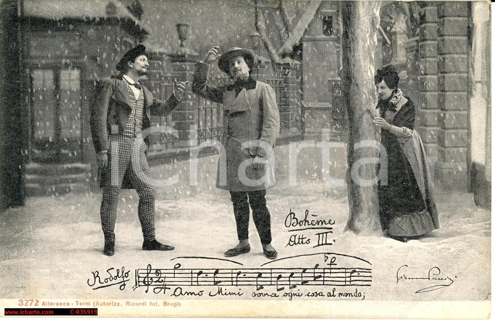 Cartolina originale da collezione 1900 Boheme, foto di scena atto III, Amo MimÃ¬ Puccini cartolina ALTEROCCA 1